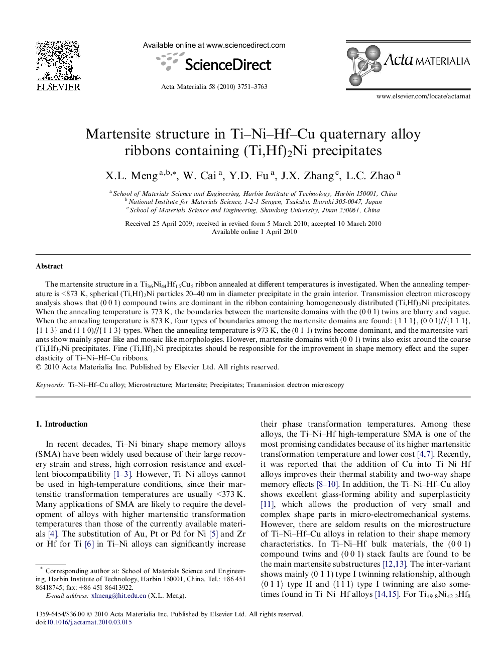 Martensite structure in Ti–Ni–Hf–Cu quaternary alloy ribbons containing (Ti,Hf)2Ni precipitates