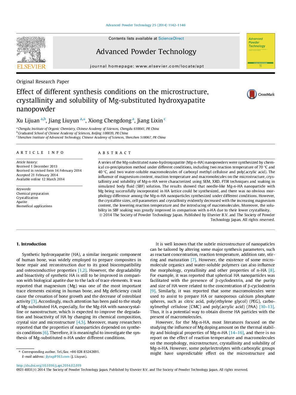 Effect of different synthesis conditions on the microstructure, crystallinity and solubility of Mg-substituted hydroxyapatite nanopowder