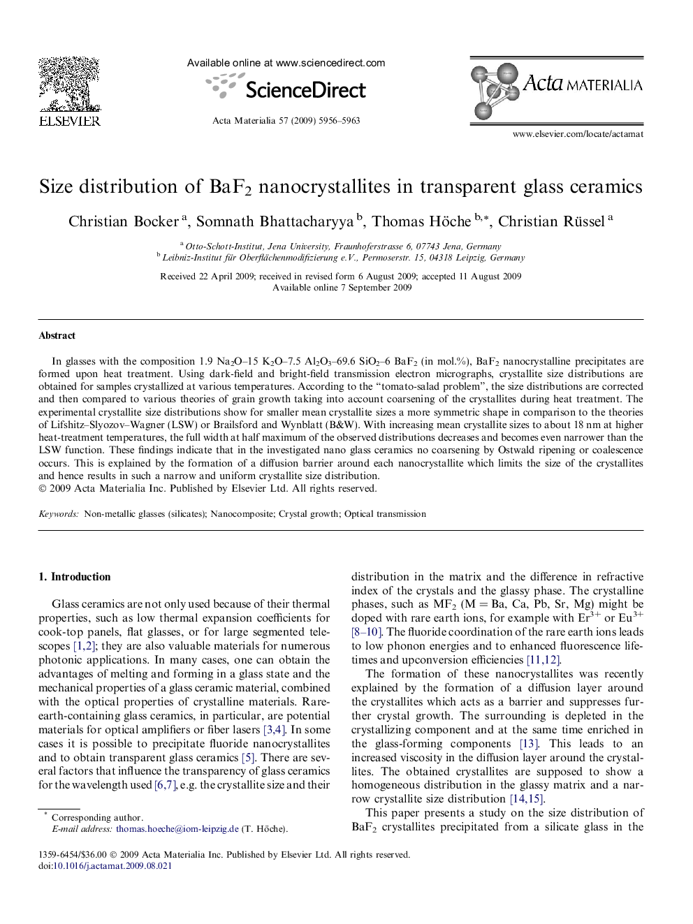 Size distribution of BaF2 nanocrystallites in transparent glass ceramics