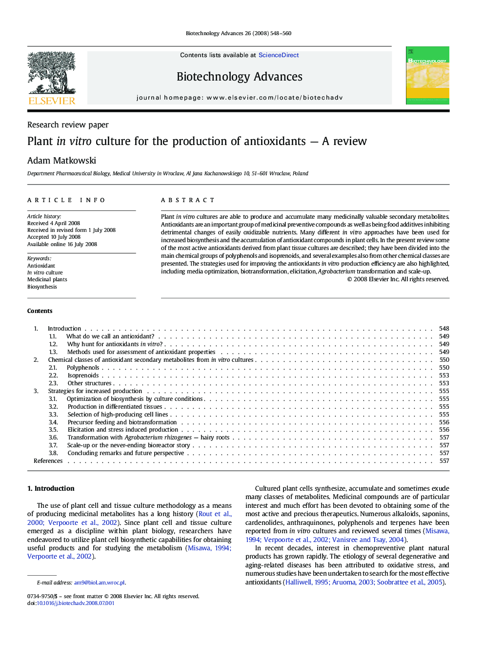 Plant in vitro culture for the production of antioxidants — A review