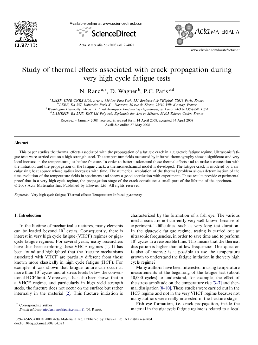 Study of thermal effects associated with crack propagation during very high cycle fatigue tests