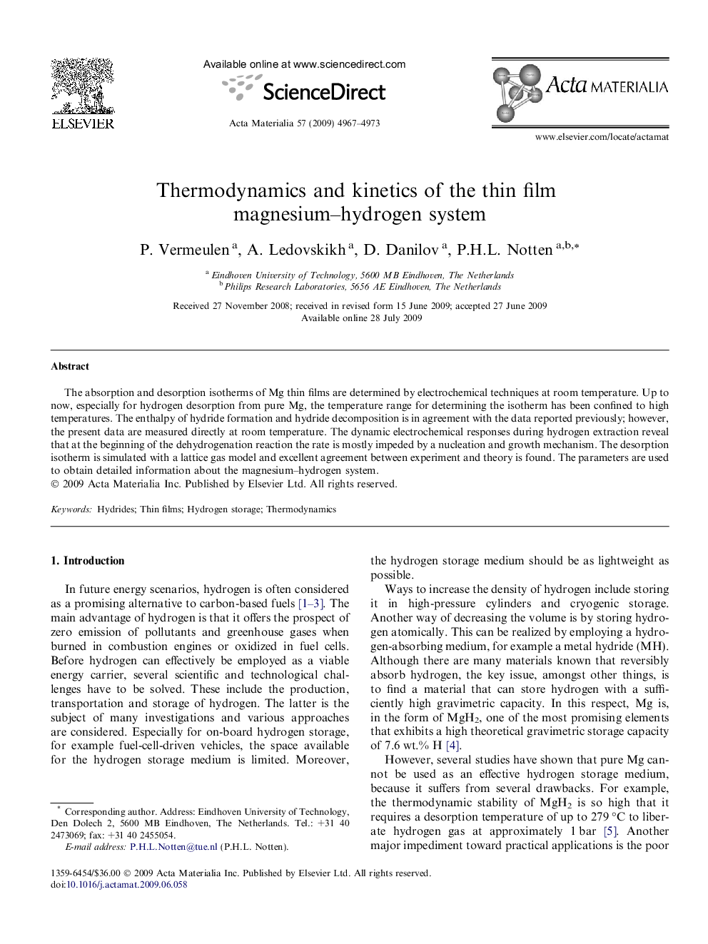 Thermodynamics and kinetics of the thin film magnesium–hydrogen system