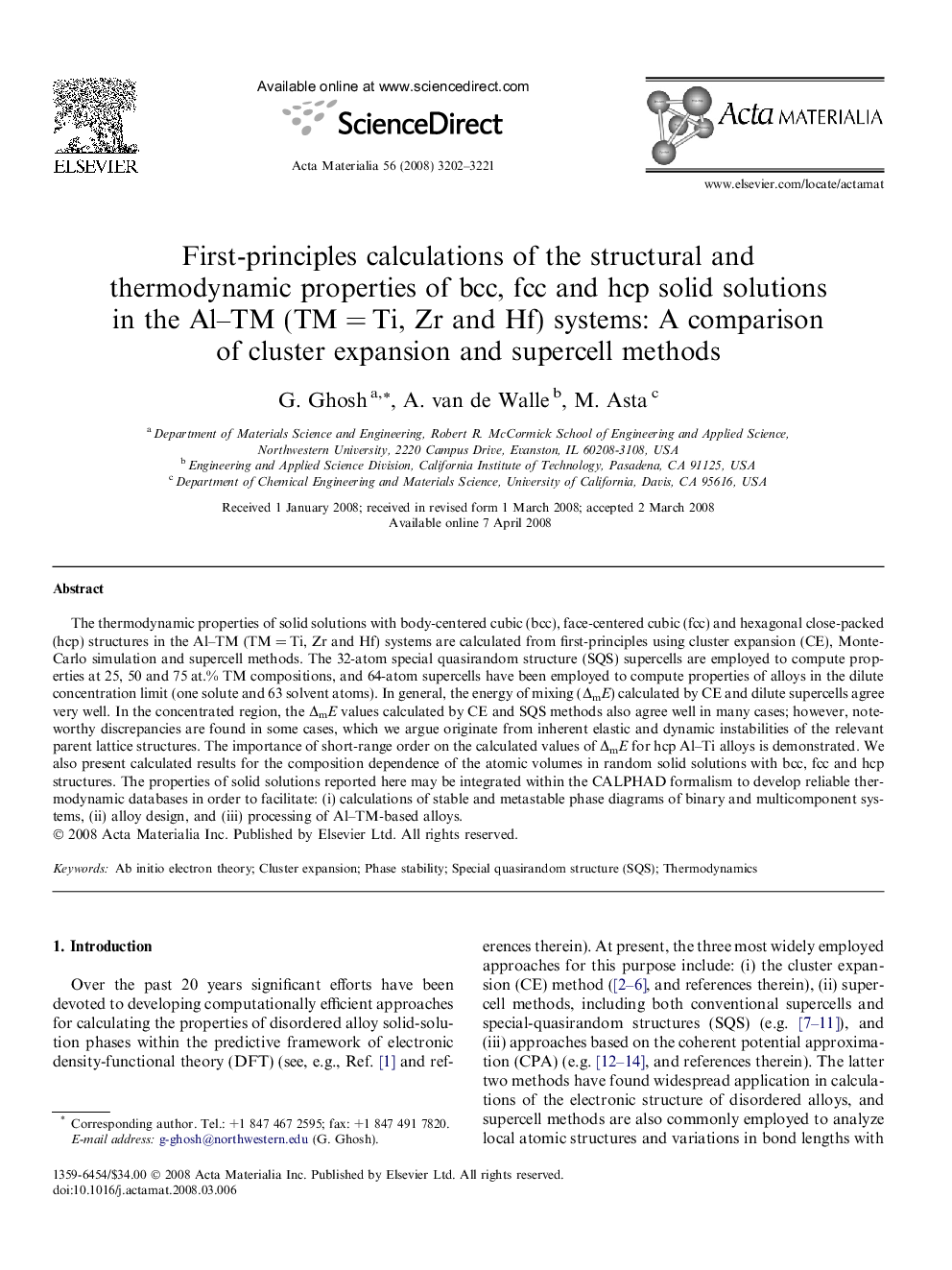 First-principles calculations of the structural and thermodynamic properties of bcc, fcc and hcp solid solutions in the Al–TM (TM = Ti, Zr and Hf) systems: A comparison of cluster expansion and supercell methods