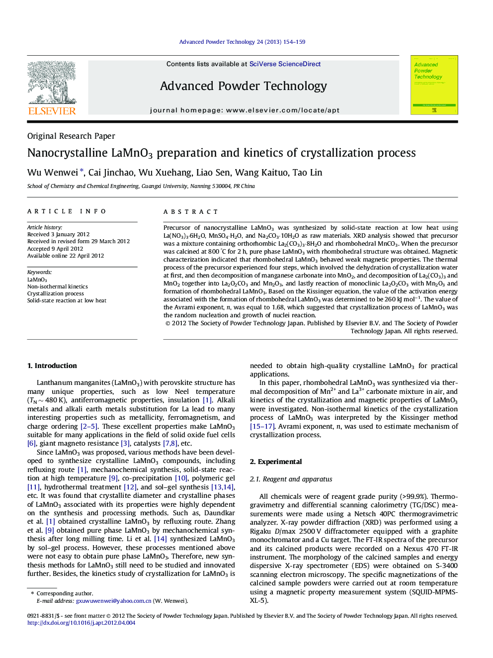 Nanocrystalline LaMnO3 preparation and kinetics of crystallization process