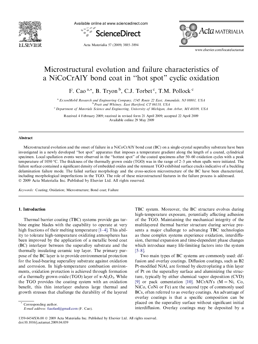 عکس صفحه اول مقاله: Microstructural evolution and failure characteristics of a NiCoCrAlY bond coat in “hot spot” cyclic oxidation Microstructural evolution and failure characteristics of a NiCoCrAlY bond coat in “hot spot” cyclic oxidation