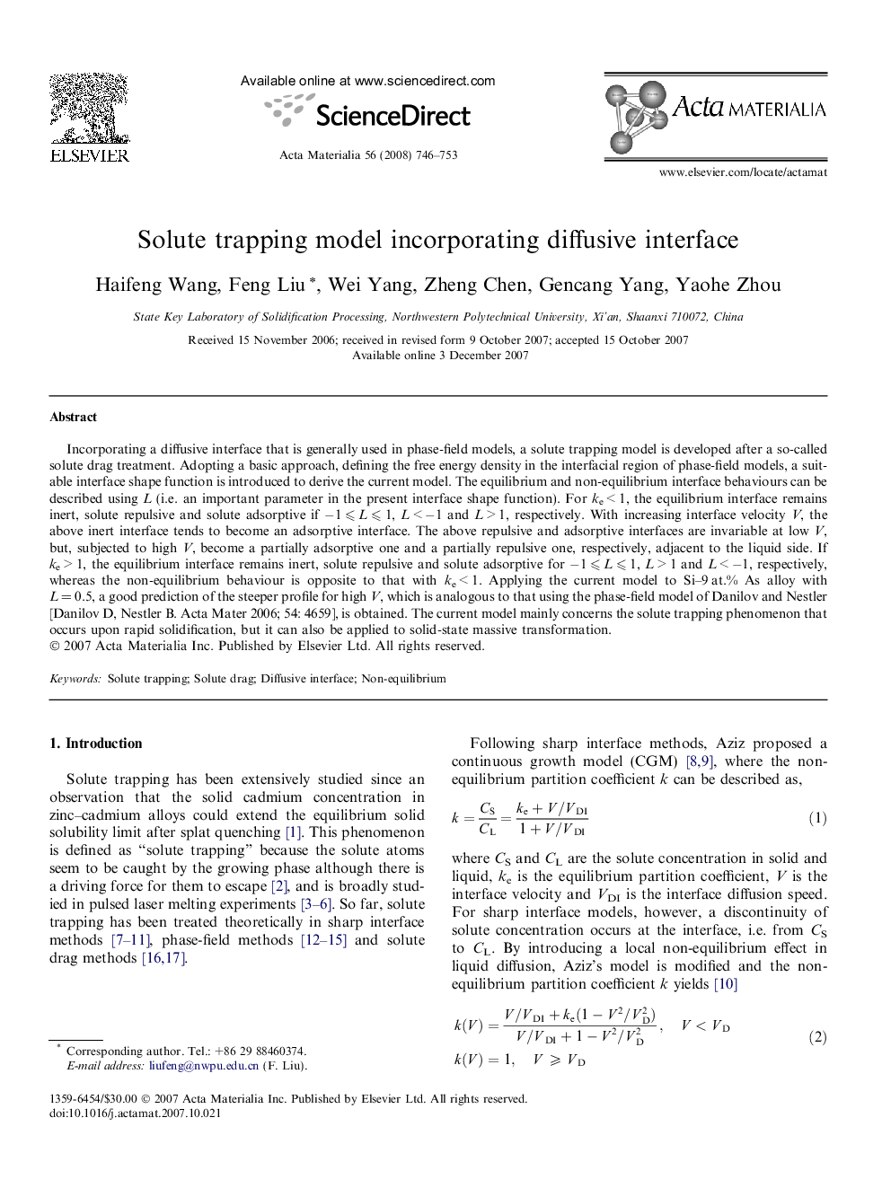 Solute trapping model incorporating diffusive interface