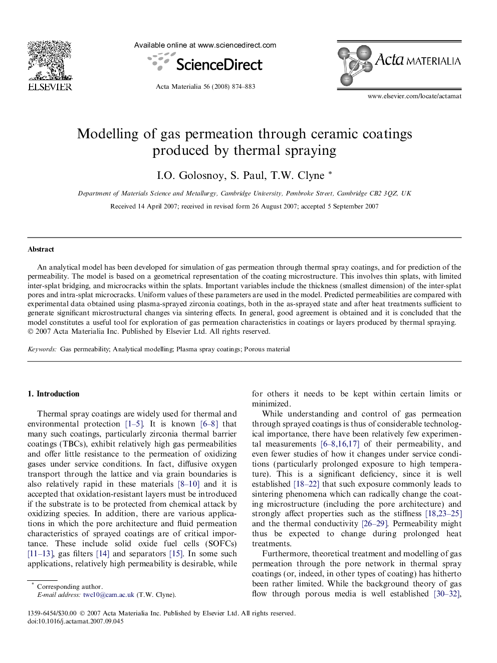 Modelling of gas permeation through ceramic coatings produced by thermal spraying