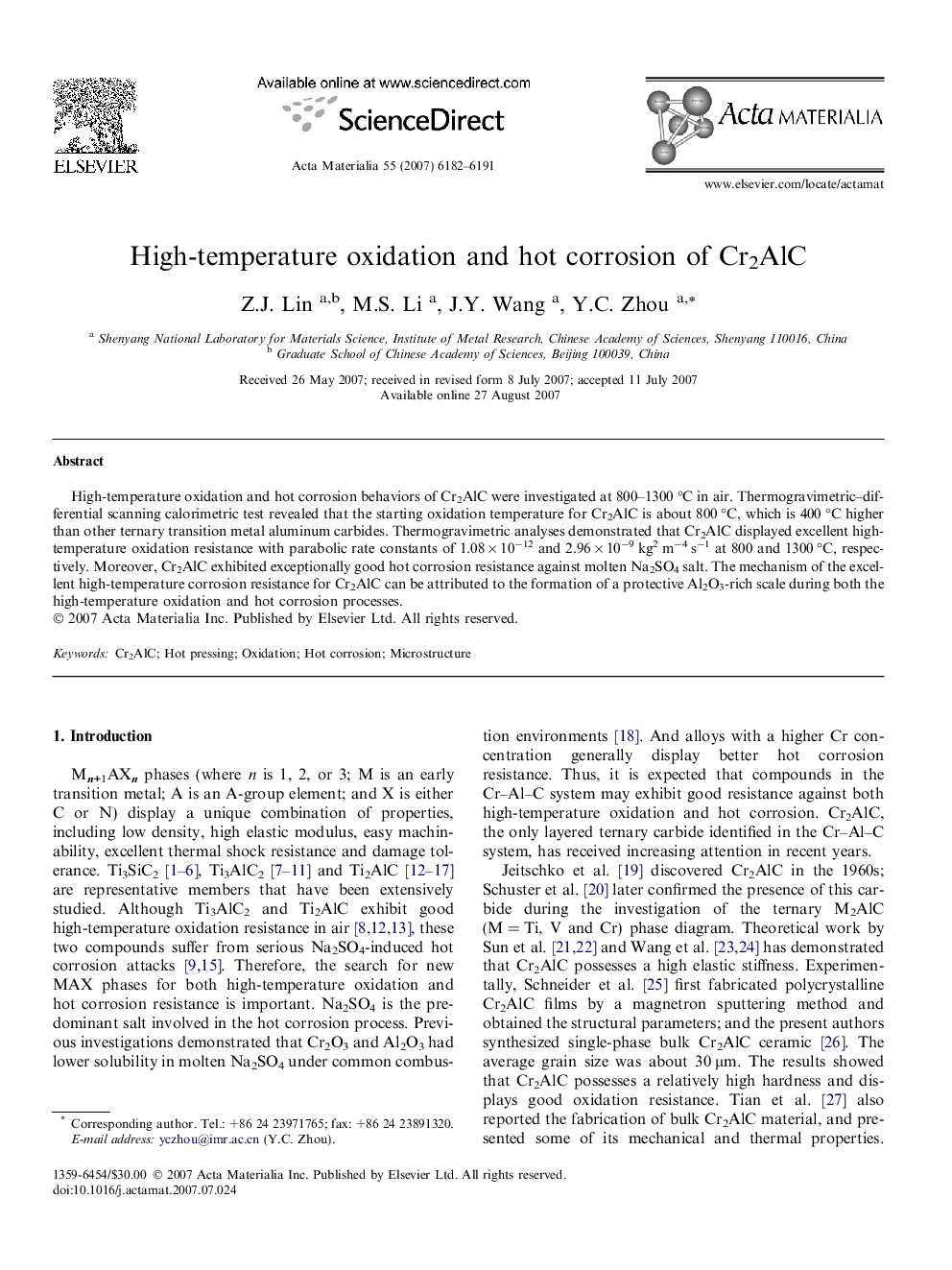 High-temperature oxidation and hot corrosion of Cr2AlC