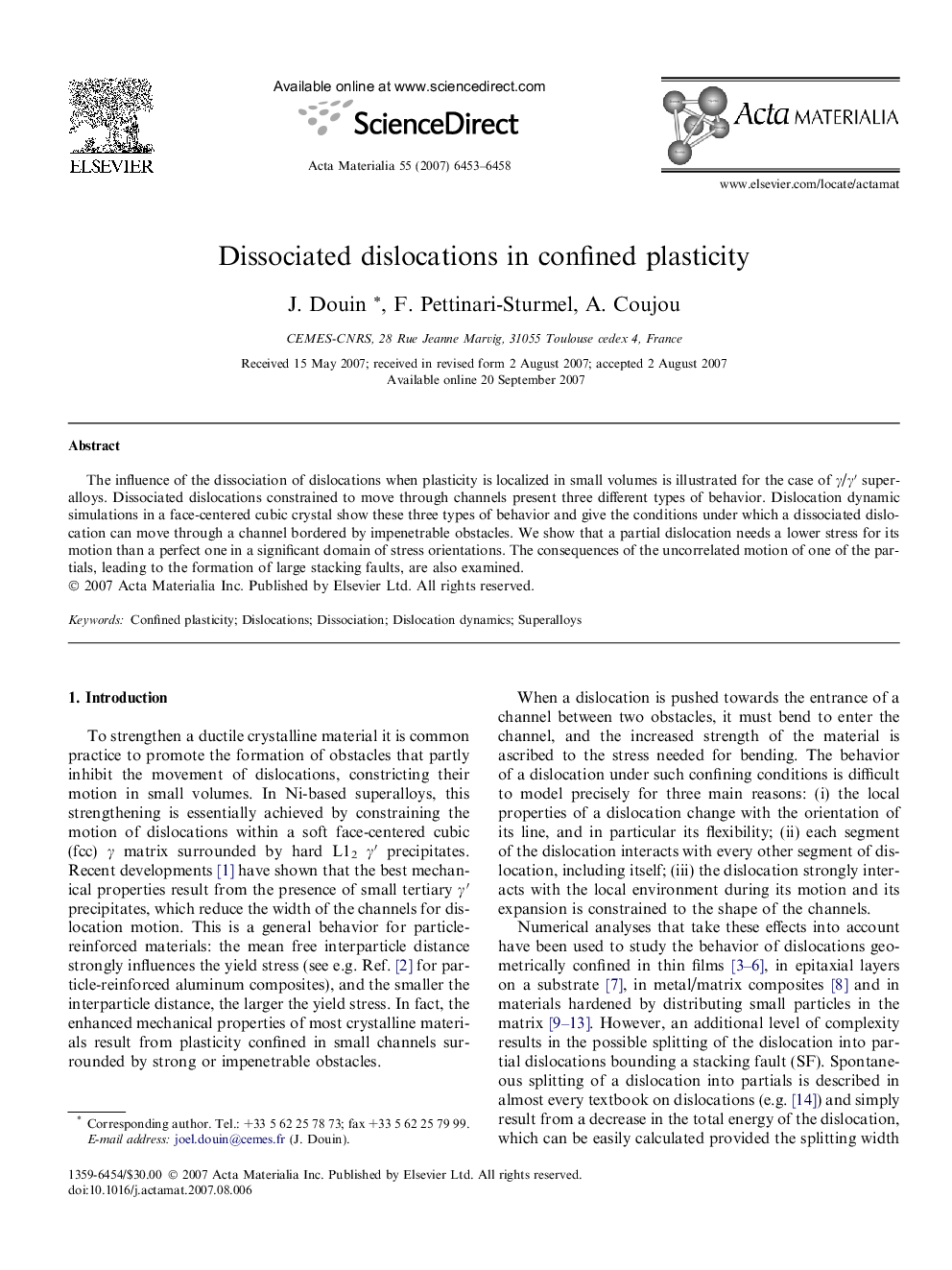 Dissociated dislocations in confined plasticity