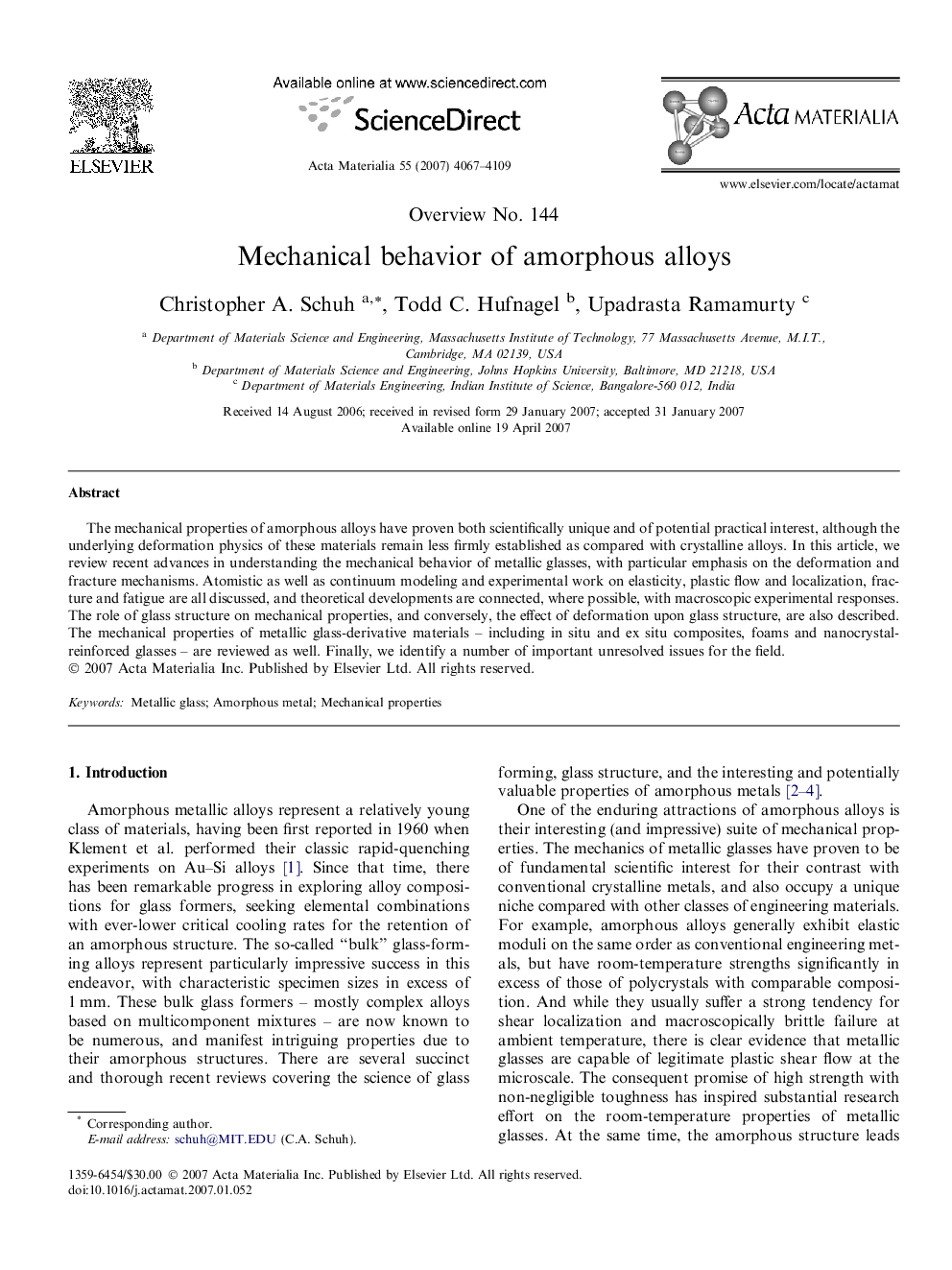 Mechanical behavior of amorphous alloys