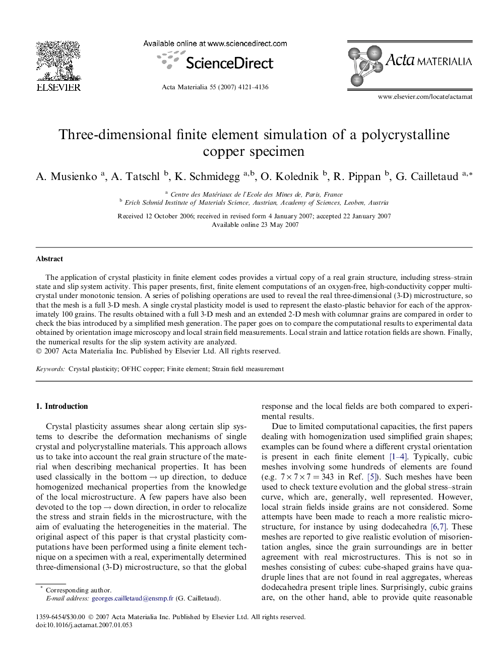 Three-dimensional finite element simulation of a polycrystalline copper specimen