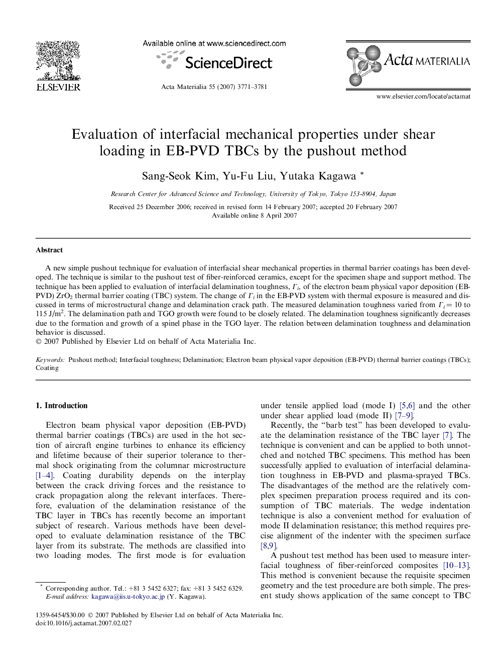 Evaluation of interfacial mechanical properties under shear loading in EB-PVD TBCs by the pushout method