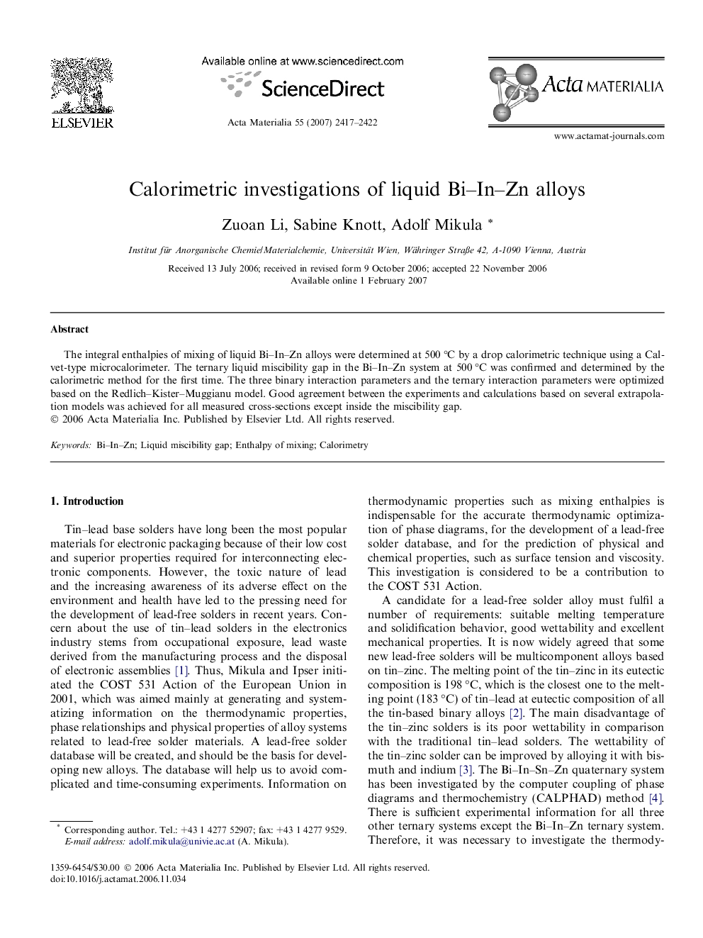 Calorimetric investigations of liquid Bi–In–Zn alloys