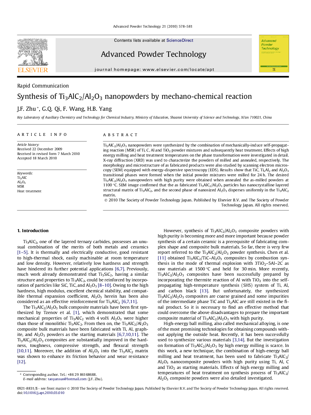 Synthesis of Ti3AlC2/Al2O3 nanopowders by mechano-chemical reaction