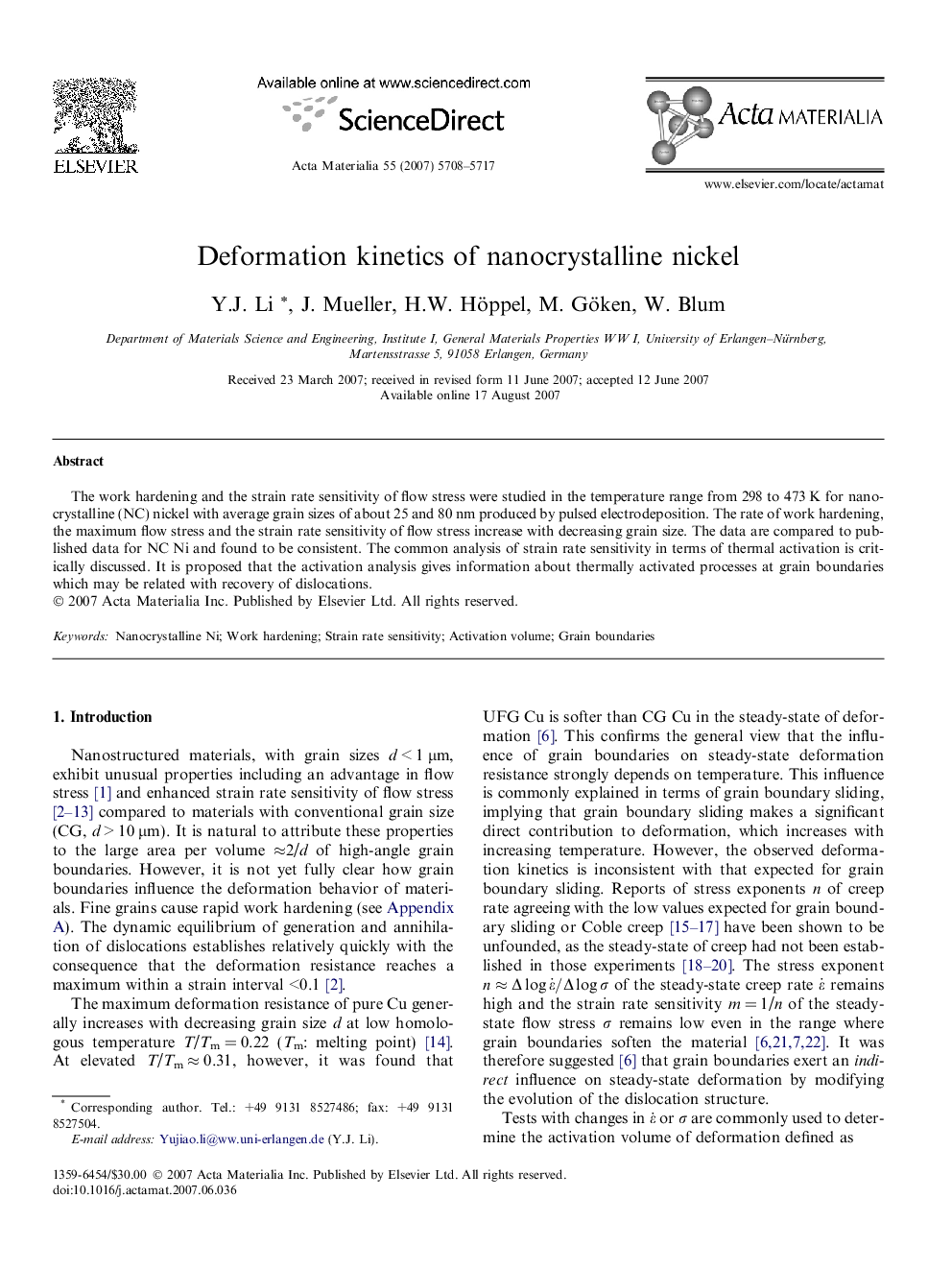 Deformation kinetics of nanocrystalline nickel