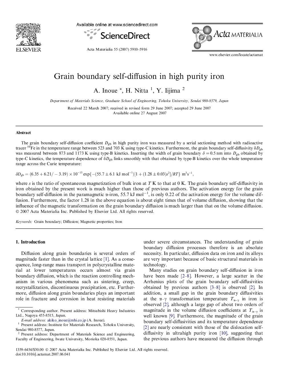 Grain boundary self-diffusion in high purity iron