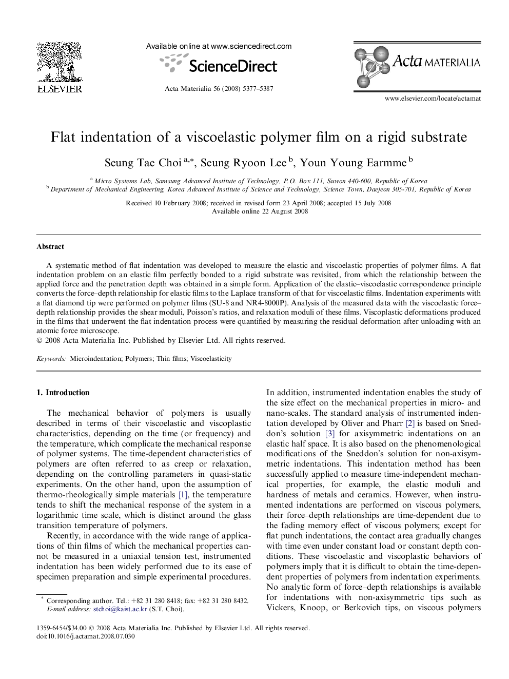 Flat indentation of a viscoelastic polymer film on a rigid substrate