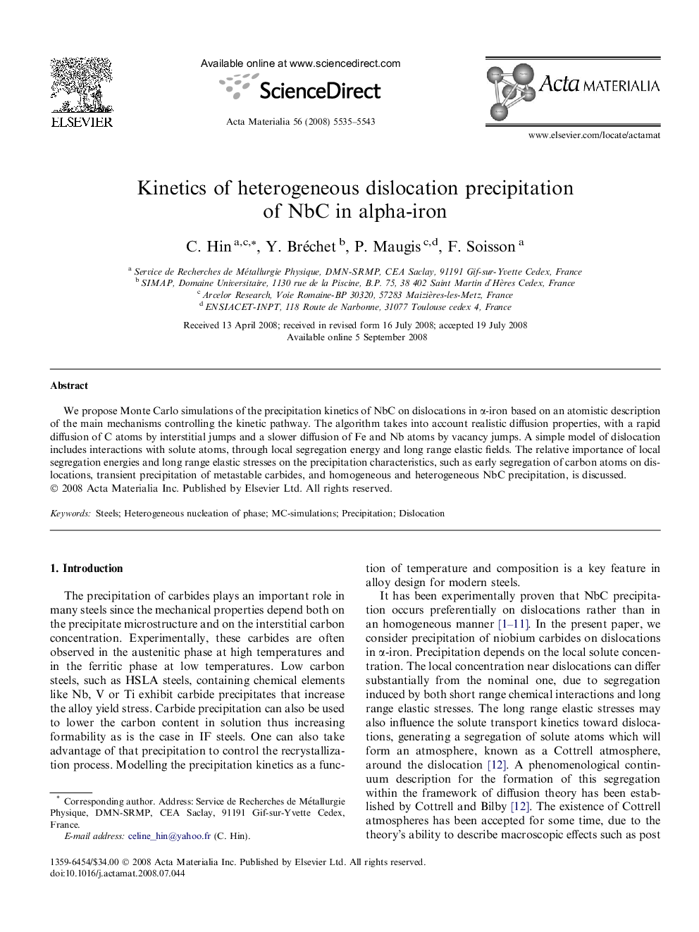 Kinetics of heterogeneous dislocation precipitation of NbC in alpha-iron