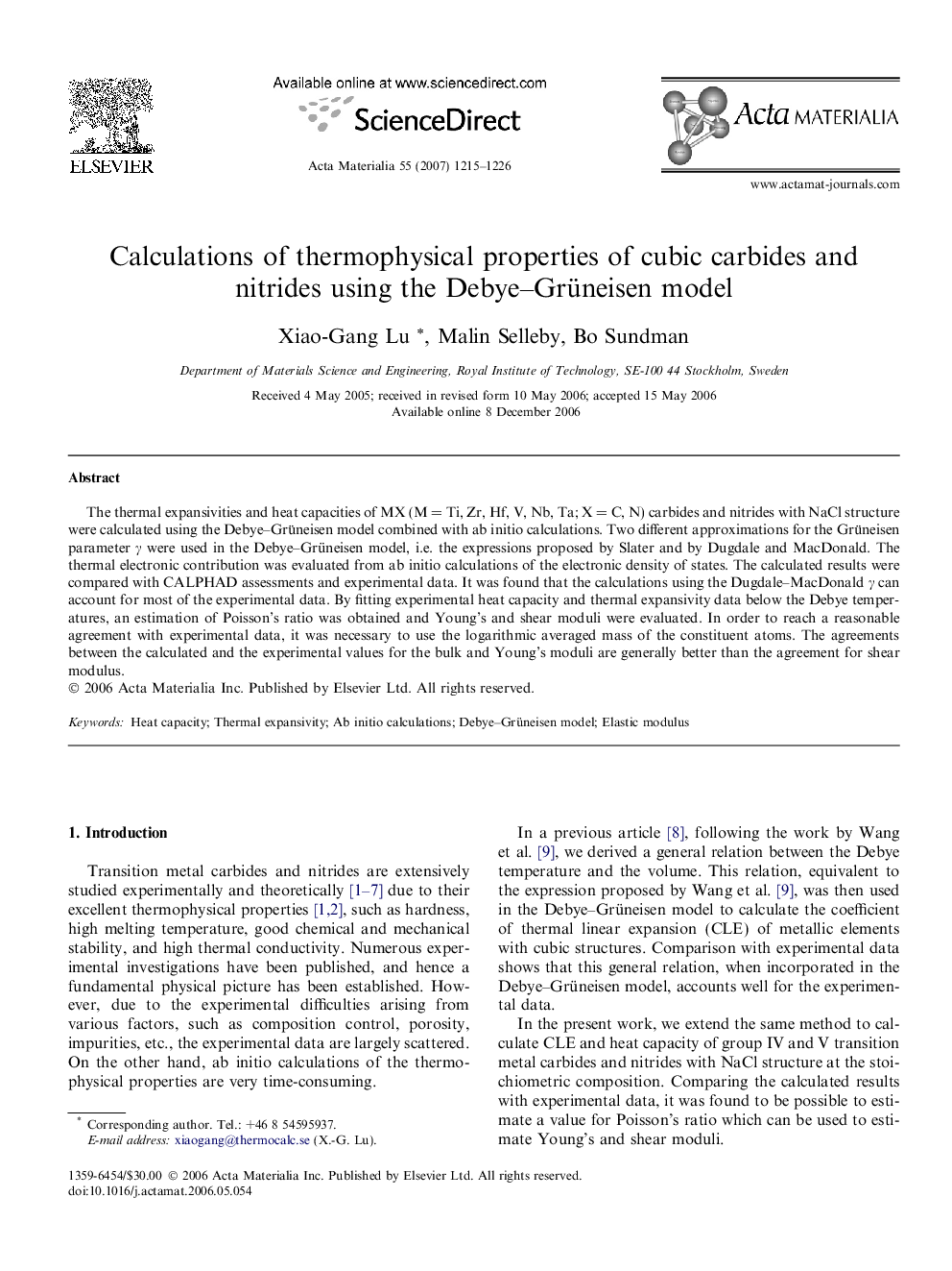 Calculations of thermophysical properties of cubic carbides and nitrides using the Debye–Grüneisen model