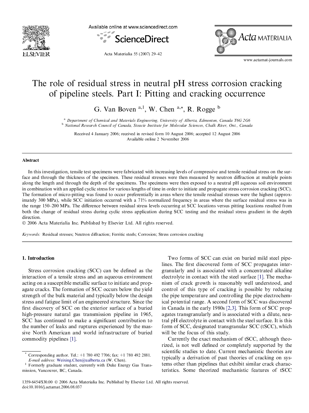 The role of residual stress in neutral pH stress corrosion cracking of pipeline steels. Part I: Pitting and cracking occurrence