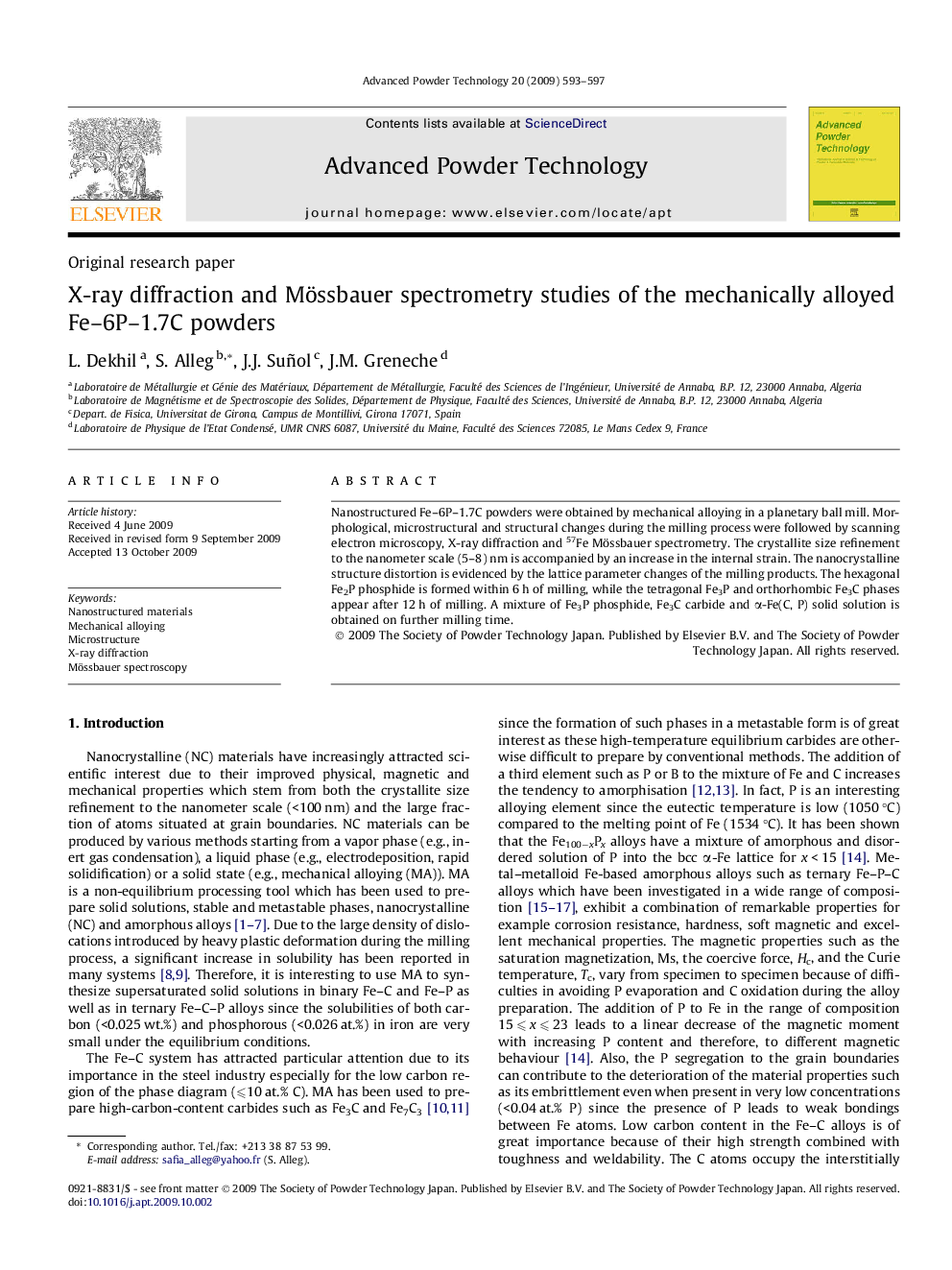 X-ray diffraction and Mössbauer spectrometry studies of the mechanically alloyed Fe–6P–1.7C powders