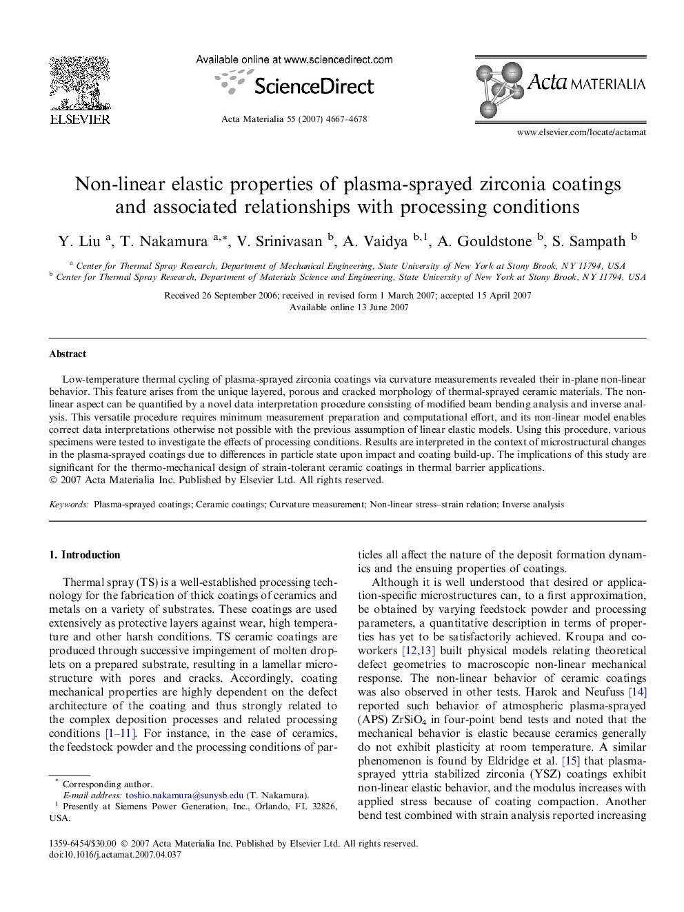 Non-linear elastic properties of plasma-sprayed zirconia coatings and associated relationships with processing conditions