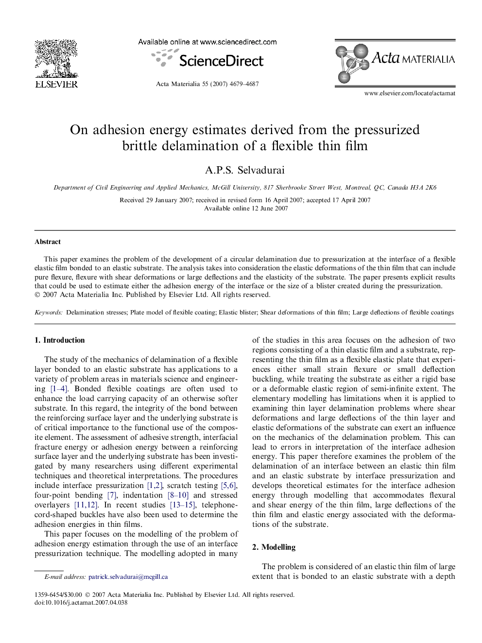 عکس صفحه اول مقاله: On adhesion energy estimates derived from the pressurized brittle delamination of a flexible thin film On adhesion energy estimates derived from the pressurized brittle delamination of a flexible thin film
