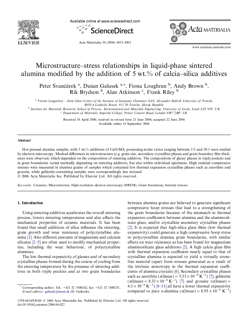 Microstructure-stress relationships in liquid-phase sintered alumina modified by the addition of 5Â wt.% of calcia-silica additives