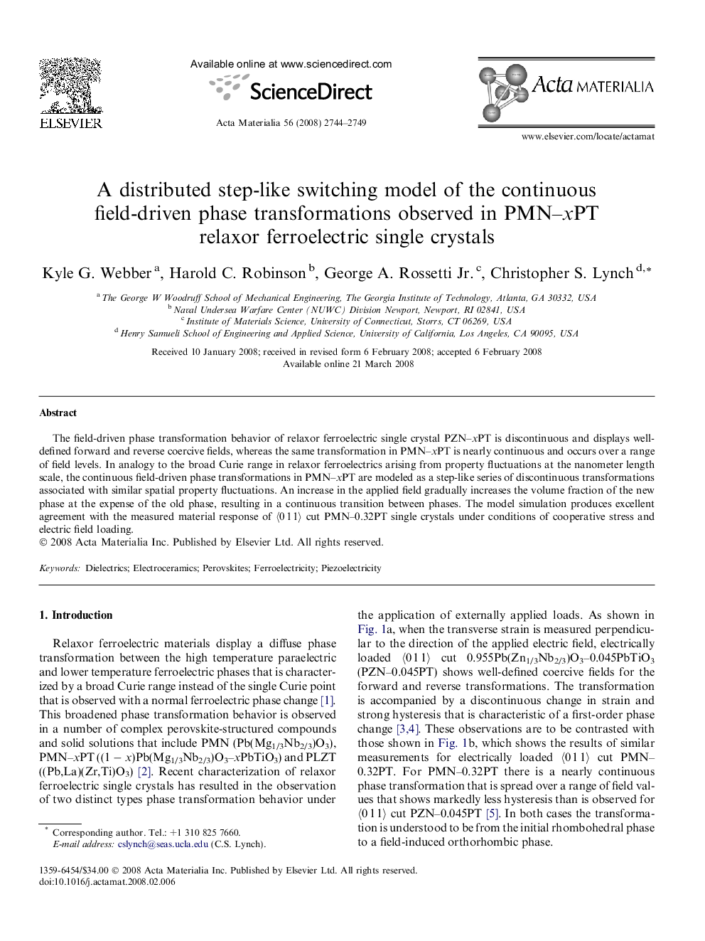 عکس صفحه اول مقاله: A distributed step-like switching model of the continuous field-driven phase transformations observed in PMN–xPT relaxor ferroelectric single crystals A distributed step-like switching model of the continuous field-driven phase transformations observed in PMN–xPT relaxor ferroelectric single crystals