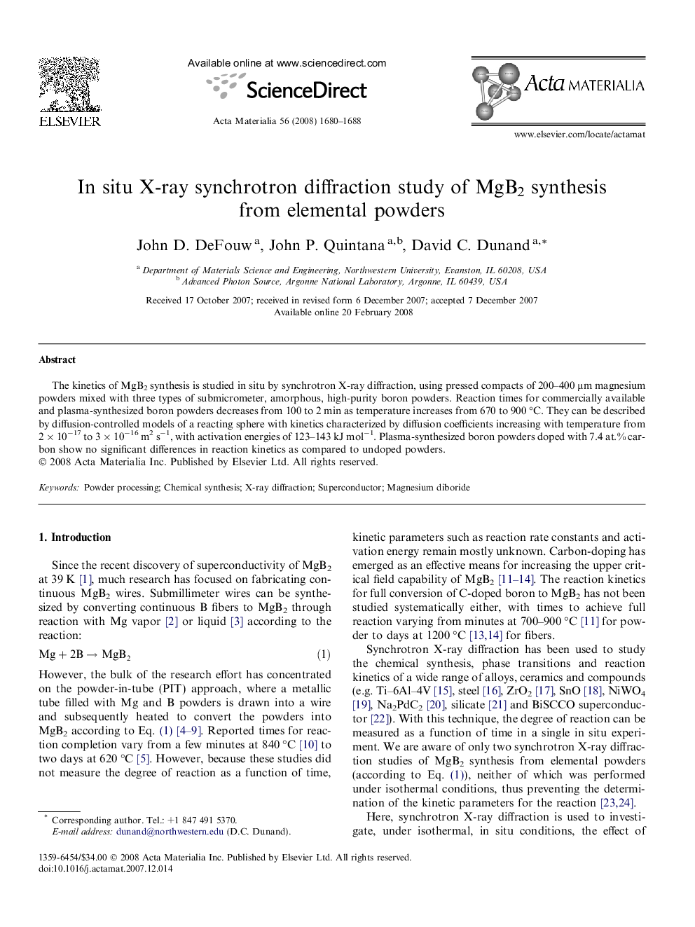 In situ X-ray synchrotron diffraction study of MgB2 synthesis from elemental powders