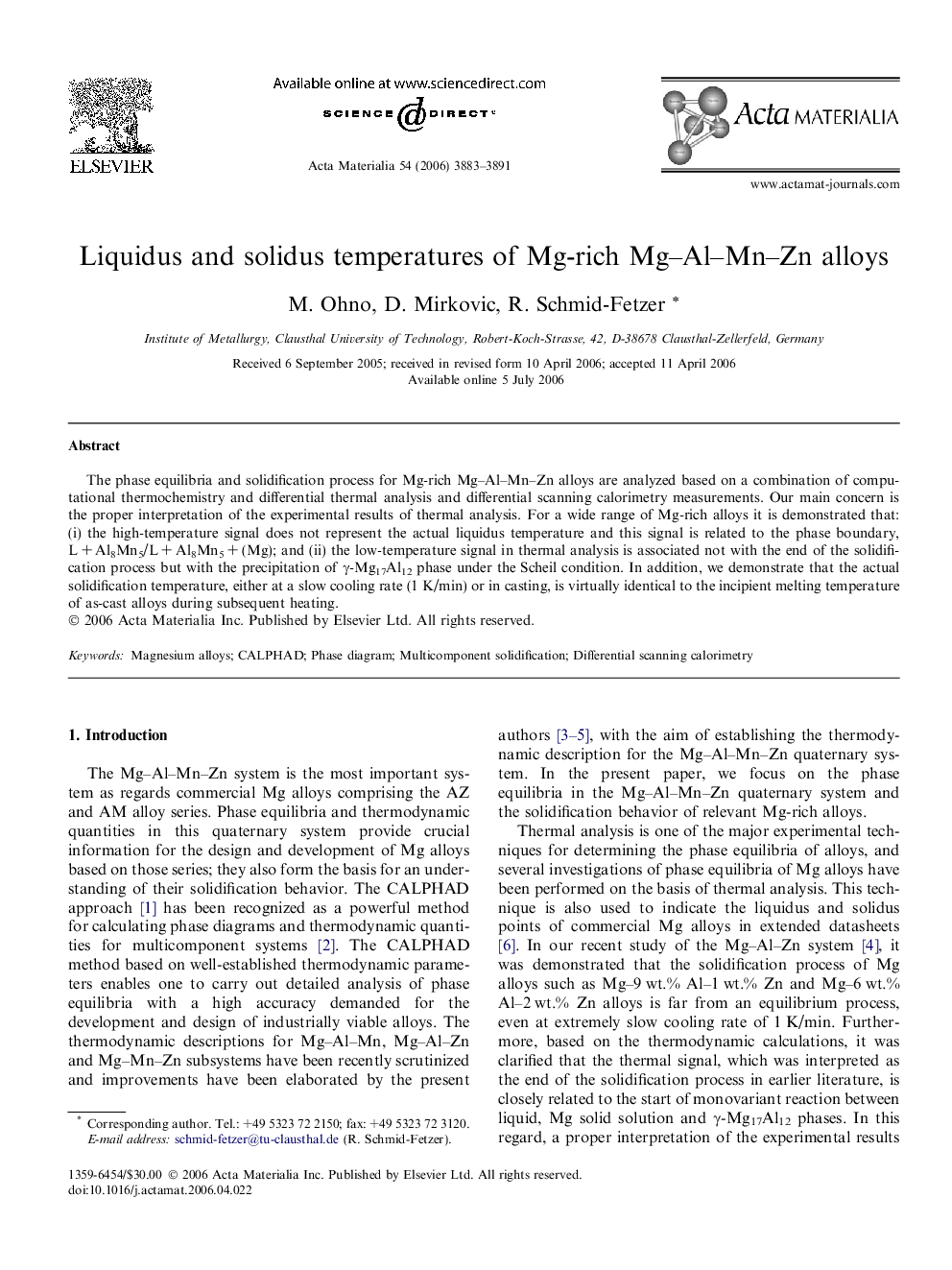 Liquidus and solidus temperatures of Mg-rich Mg–Al–Mn–Zn alloys