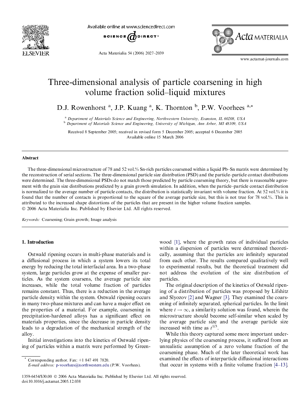 Three-dimensional analysis of particle coarsening in high volume fraction solid–liquid mixtures