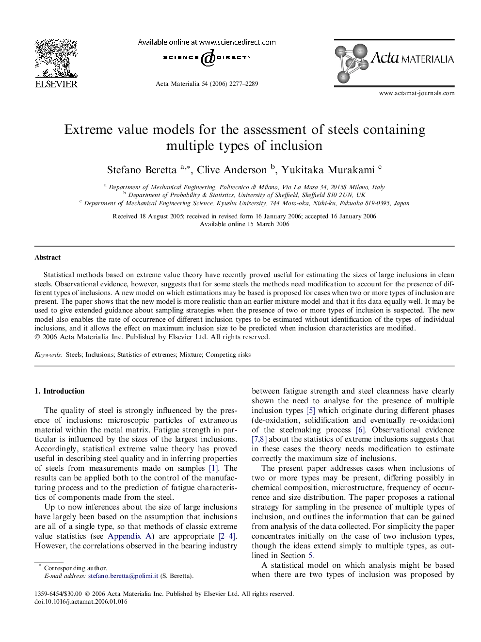 Extreme value models for the assessment of steels containing multiple types of inclusion