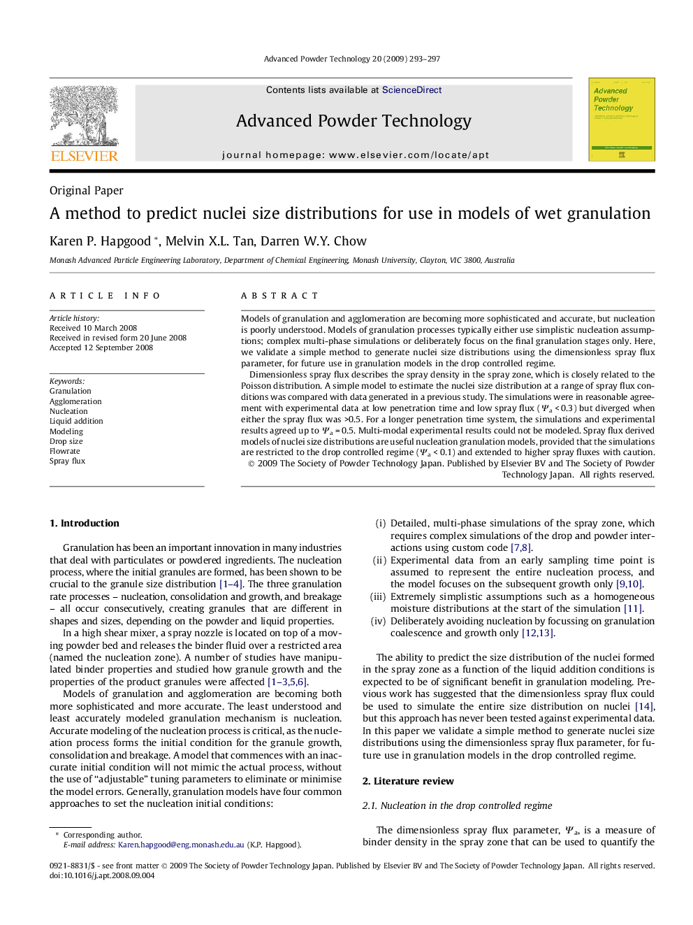 A method to predict nuclei size distributions for use in models of wet granulation