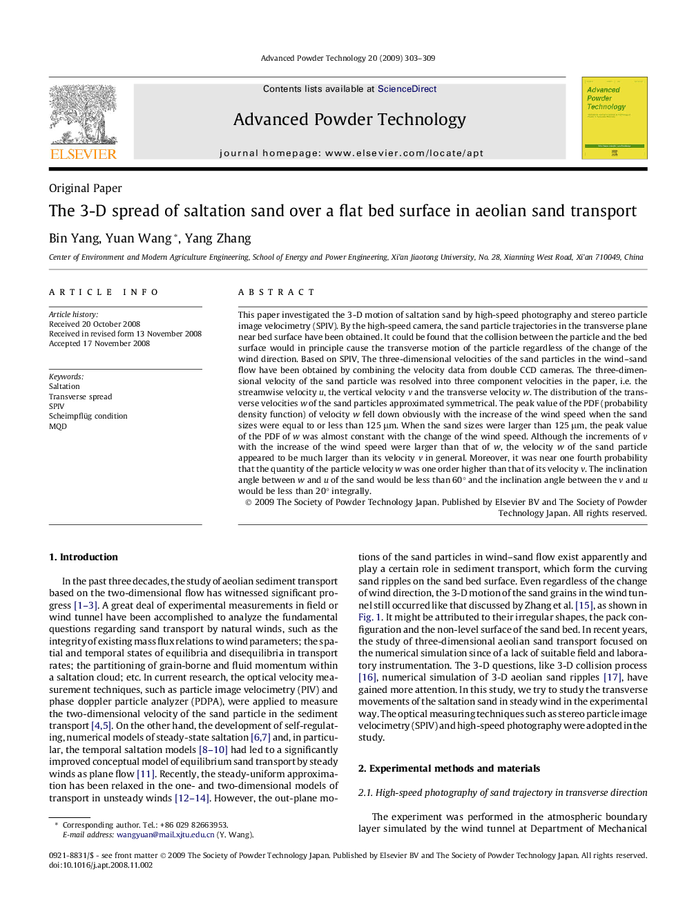 The 3-D spread of saltation sand over a flat bed surface in aeolian sand transport