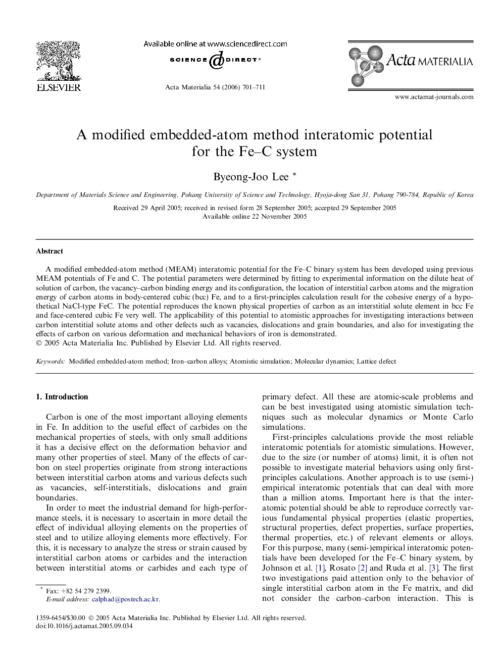 A modified embedded-atom method interatomic potential for the Fe–C system