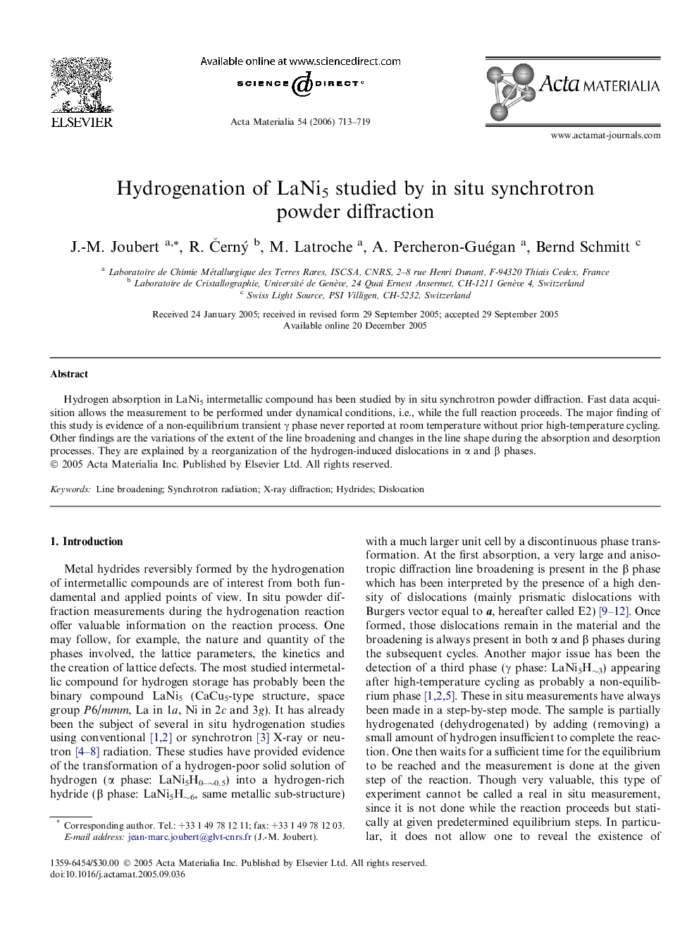 Hydrogenation of LaNi5 studied by in situ synchrotron powder diffraction