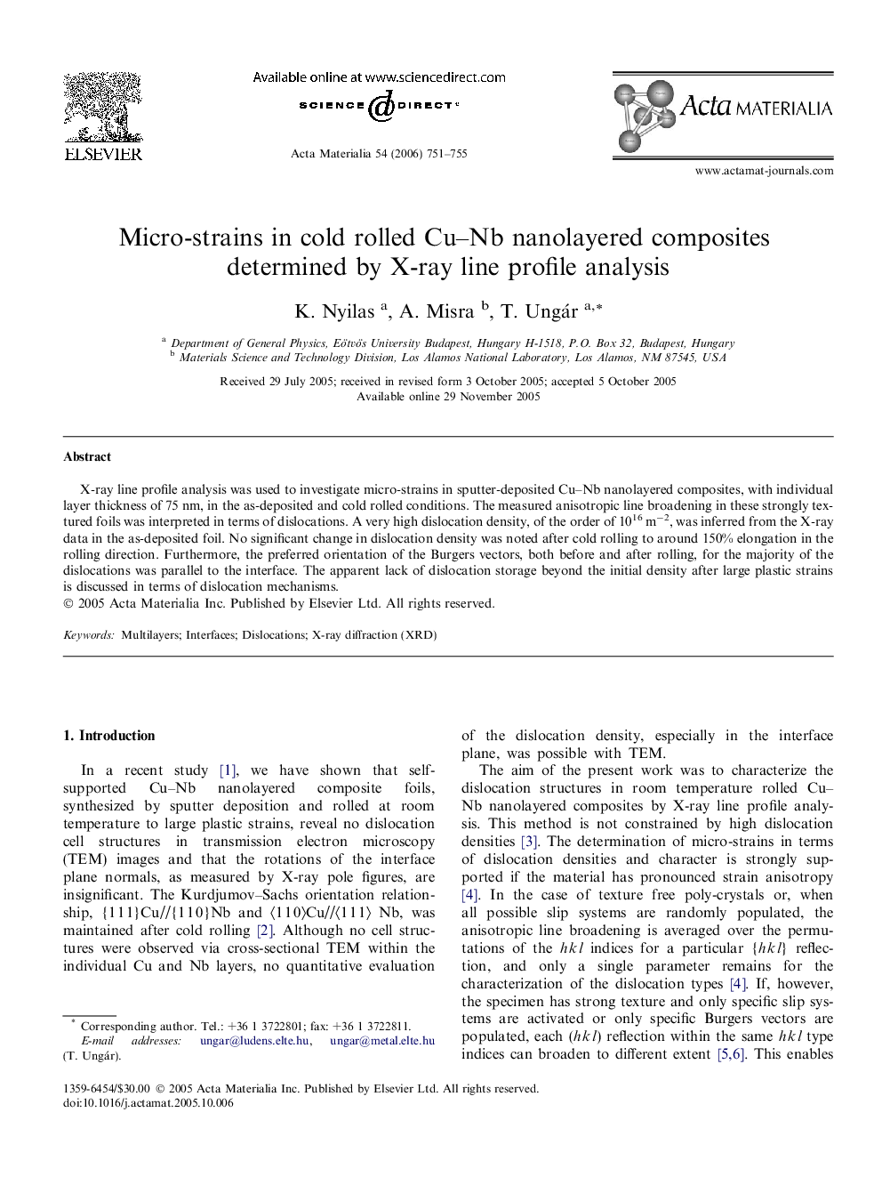 عکس صفحه اول مقاله: Micro-strains in cold rolled Cu–Nb nanolayered composites determined by X-ray line profile analysis Micro-strains in cold rolled Cu–Nb nanolayered composites determined by X-ray line profile analysis
