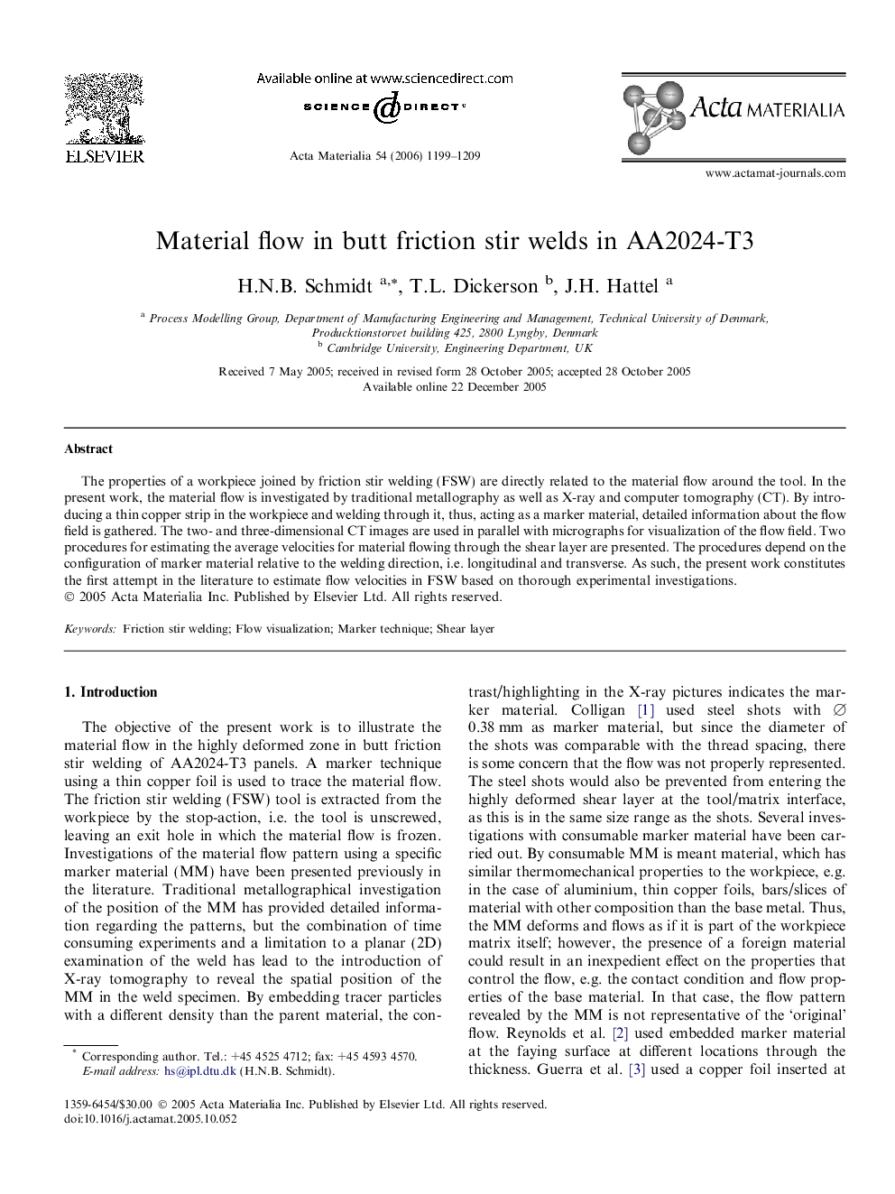 Material flow in butt friction stir welds in AA2024-T3