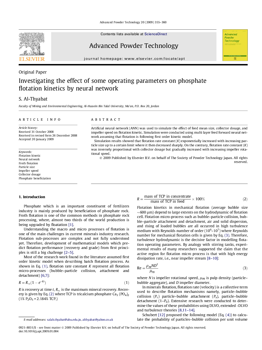 Investigating the effect of some operating parameters on phosphate flotation kinetics by neural network