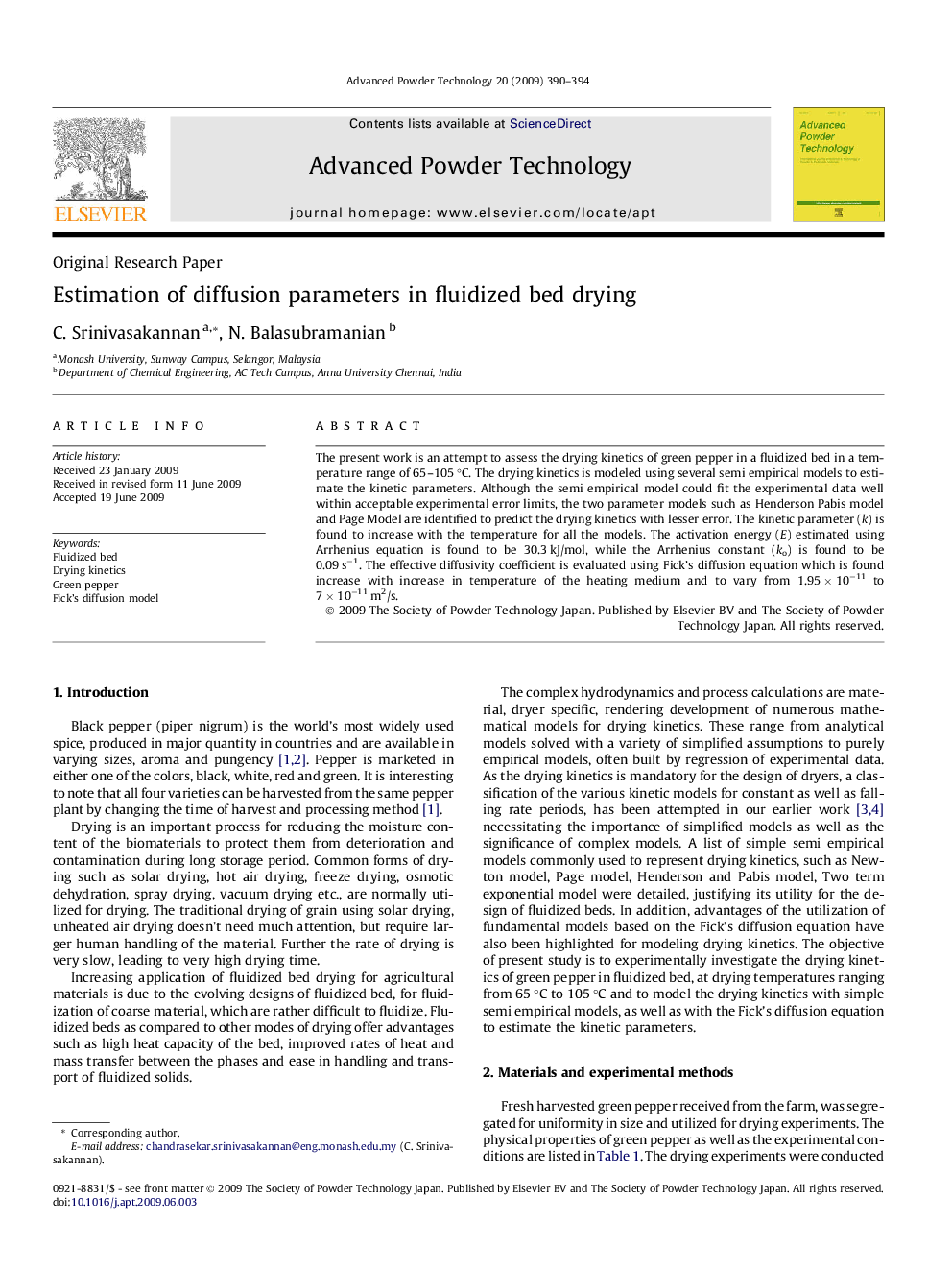 Estimation of diffusion parameters in fluidized bed drying