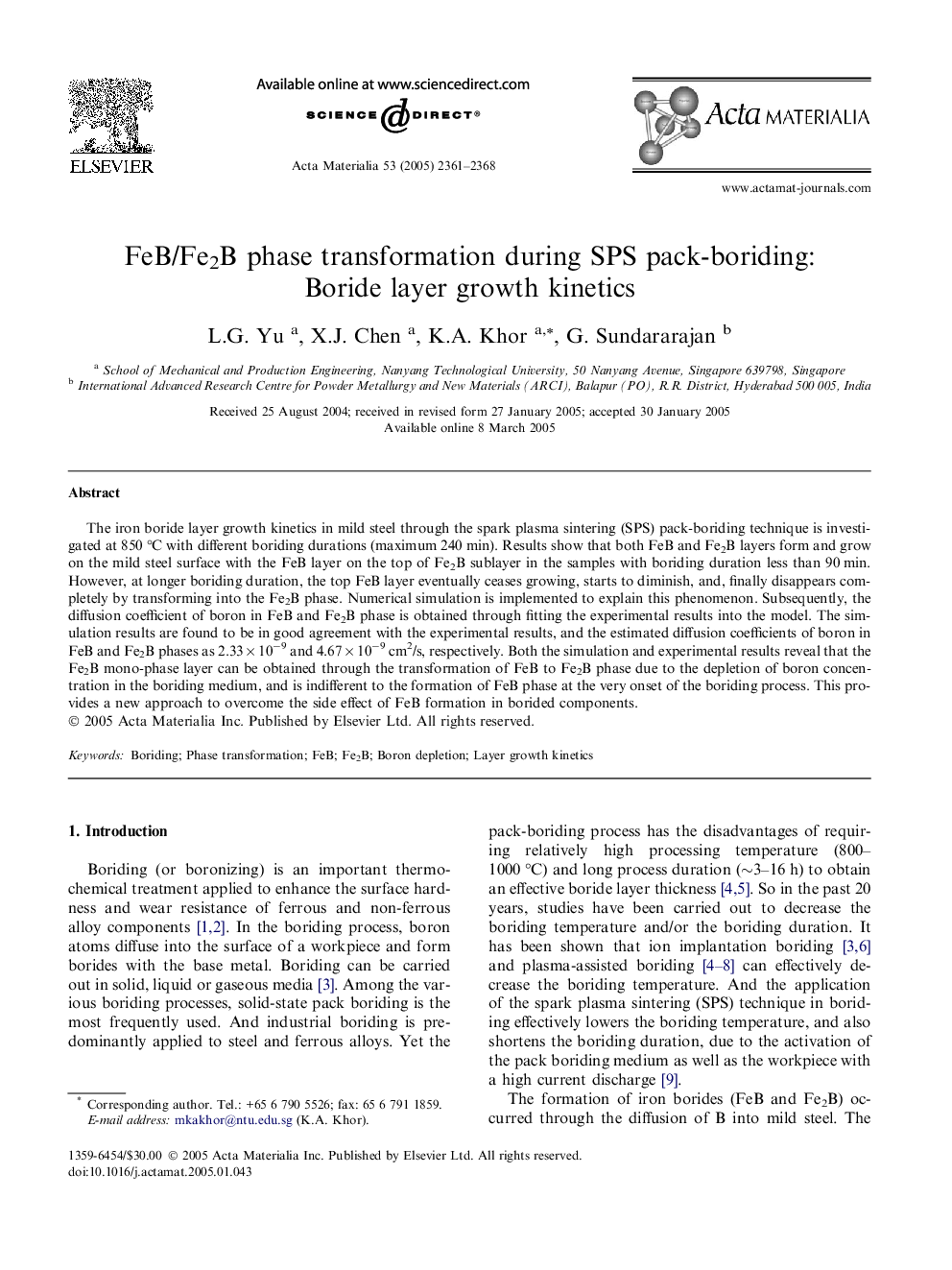 FeB/Fe2B phase transformation during SPS pack-boriding: Boride layer growth kinetics