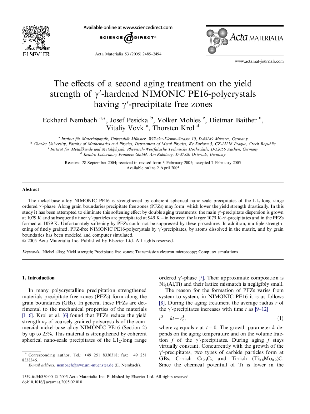 The effects of a second aging treatment on the yield strength of γ′-hardened NIMONIC PE16-polycrystals having γ′-precipitate free zones