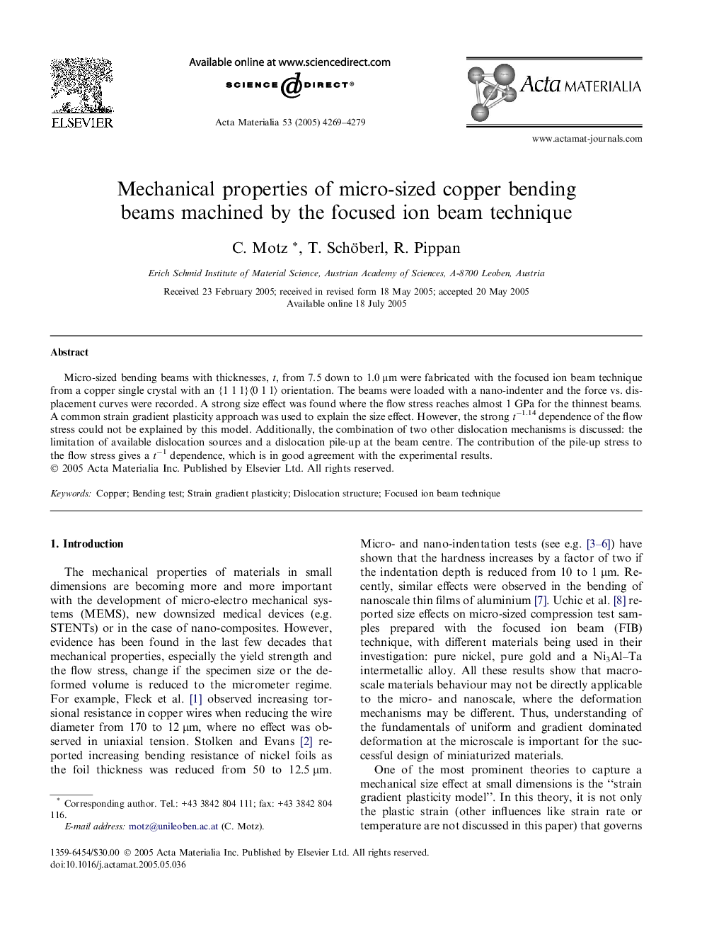 Mechanical properties of micro-sized copper bending beams machined by the focused ion beam technique