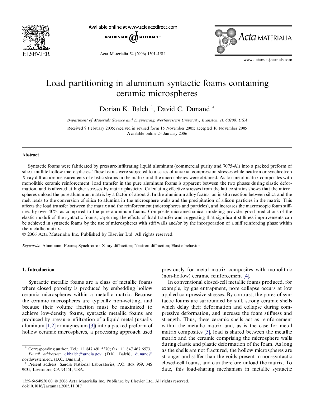 Load partitioning in aluminum syntactic foams containing ceramic microspheres