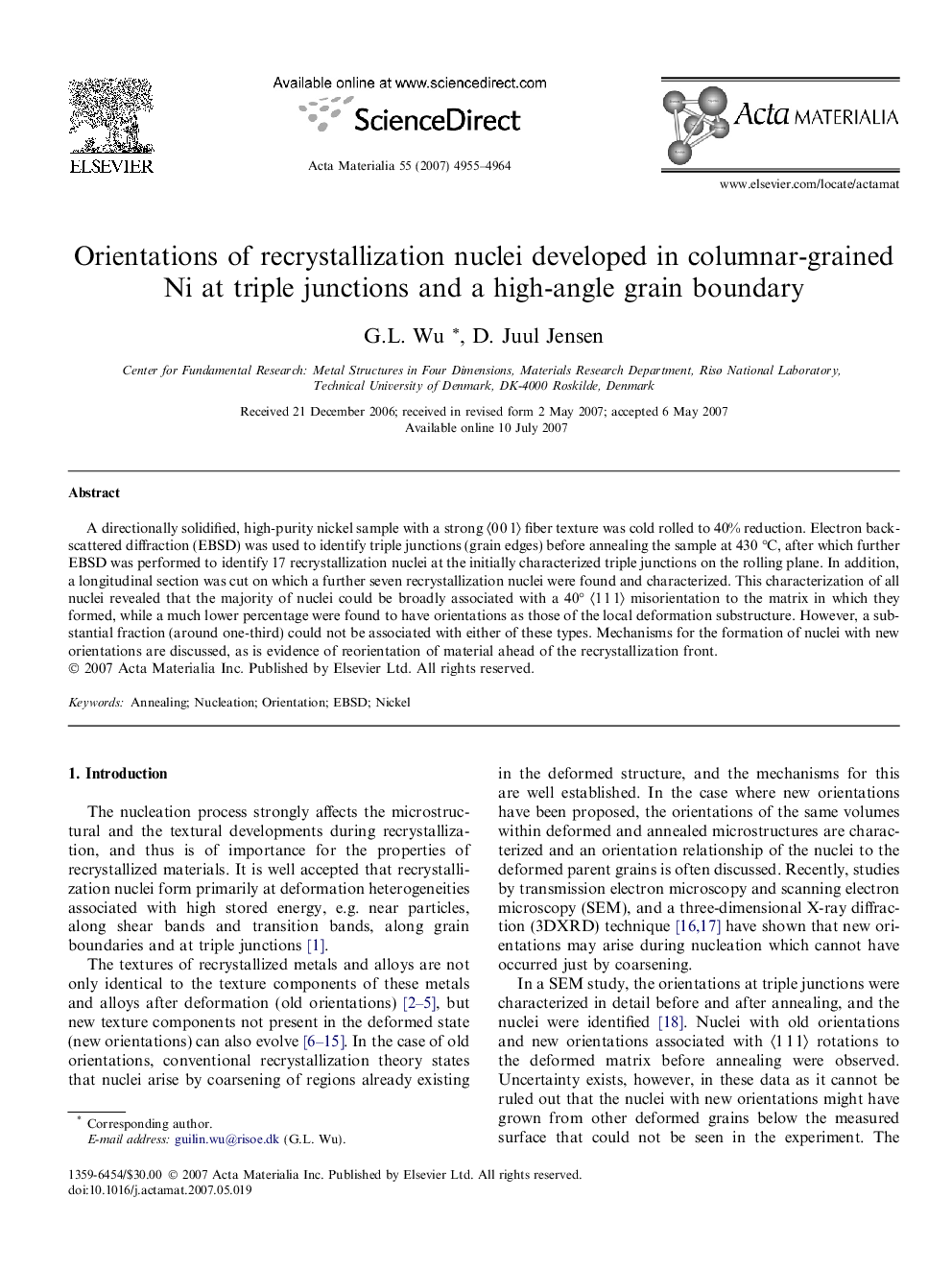 Orientations of recrystallization nuclei developed in columnar-grained Ni at triple junctions and a high-angle grain boundary