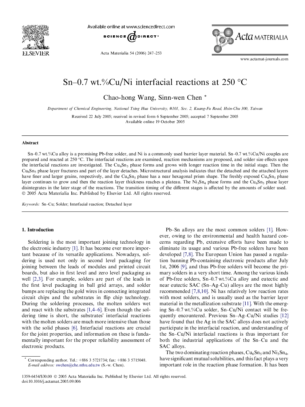 Sn–0.7 wt.%Cu/Ni interfacial reactions at 250 °C