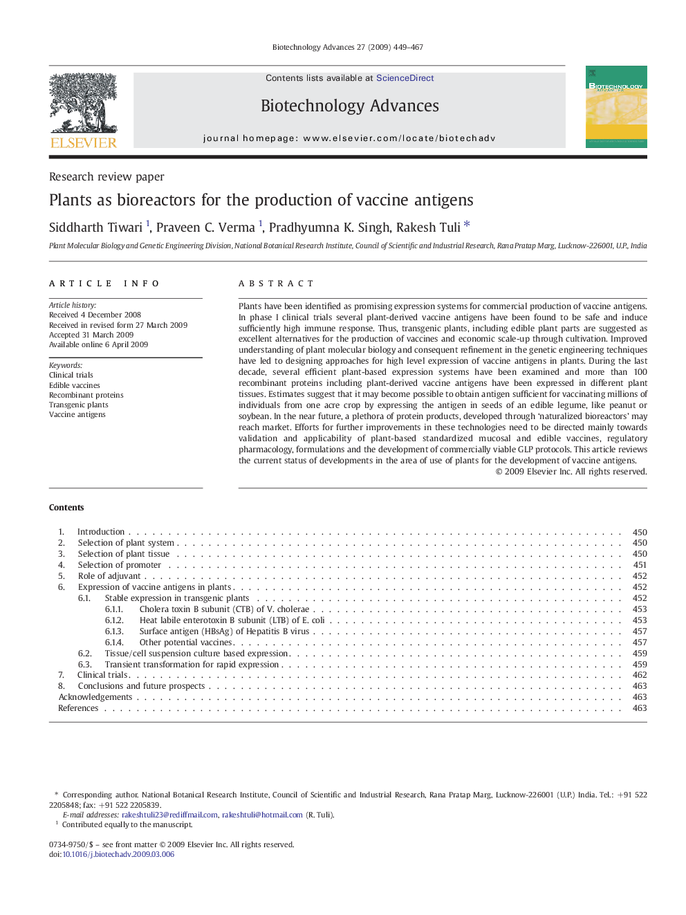 Plants as bioreactors for the production of vaccine antigens