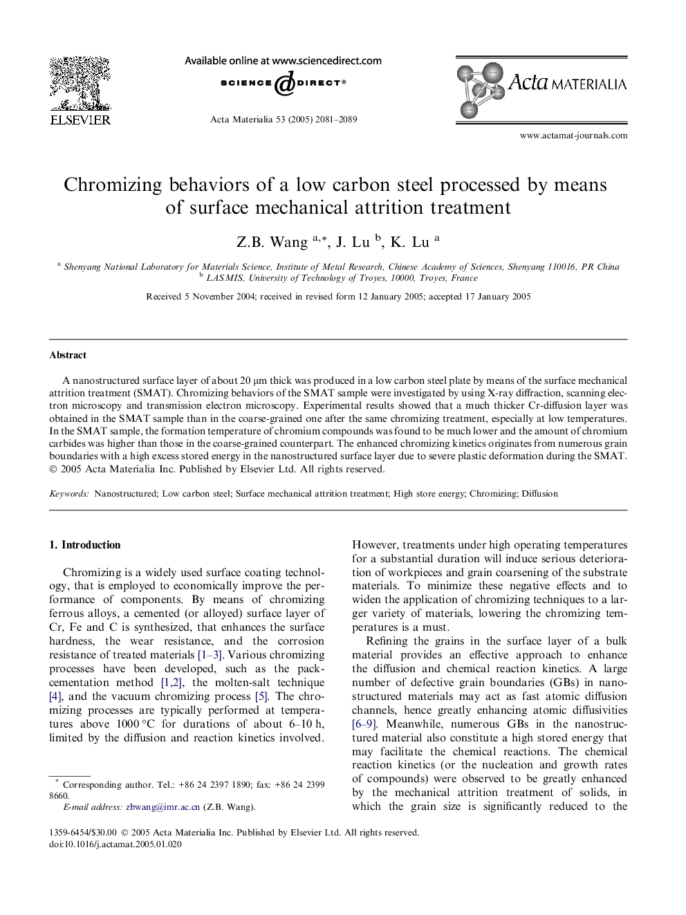 Chromizing behaviors of a low carbon steel processed by means of surface mechanical attrition treatment