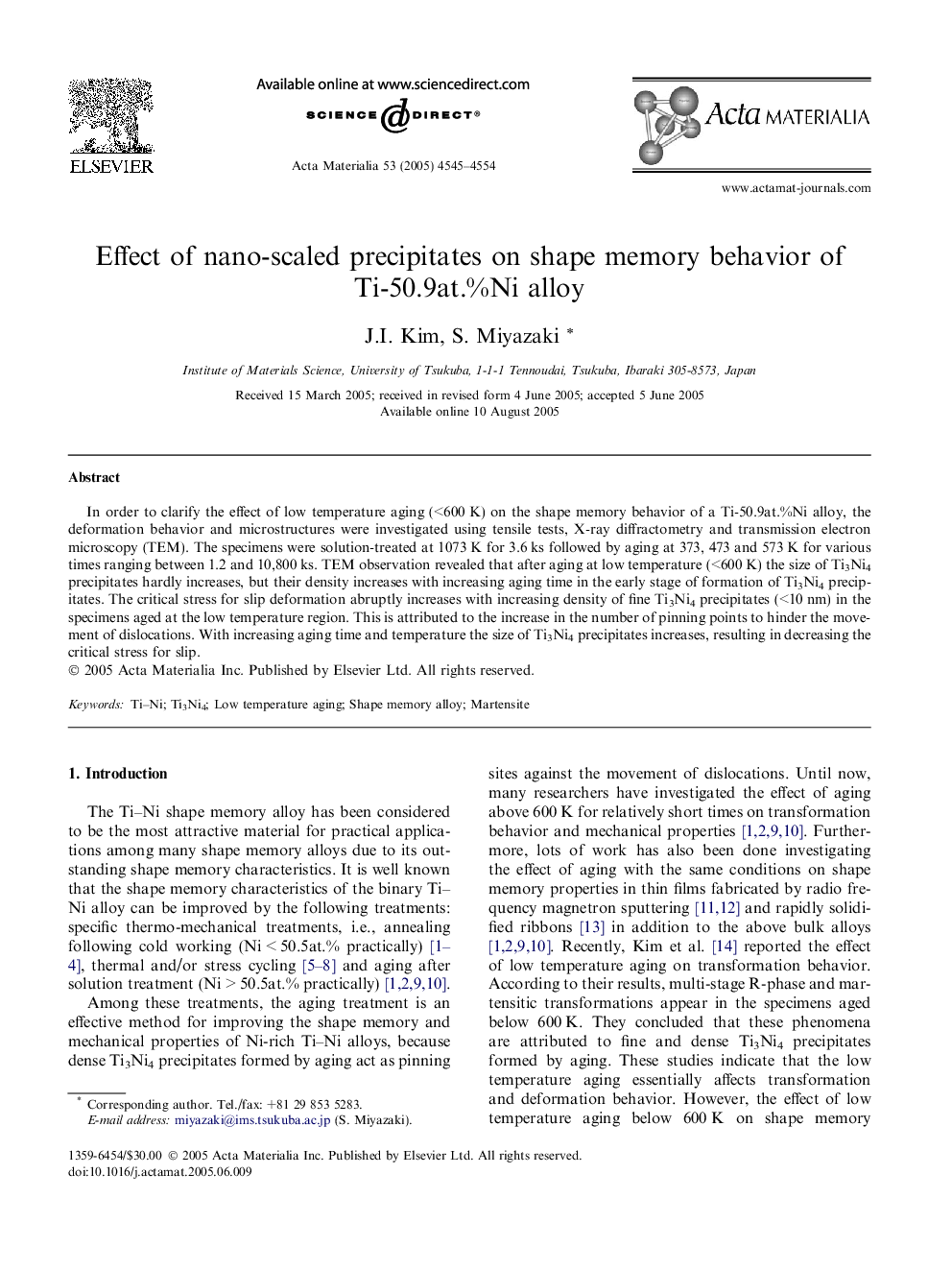 عکس صفحه اول مقاله: Effect of nano-scaled precipitates on shape memory behavior of Ti-50.9at.%Ni alloy Effect of nano-scaled precipitates on shape memory behavior of Ti-50.9at.%Ni alloy